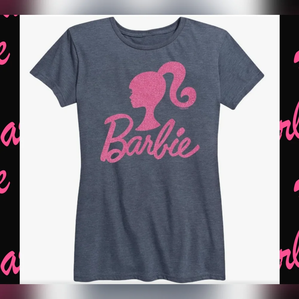 Barbie Heather Blue Logo Girls Pink Glitter Short Sleeve Graphic Tee